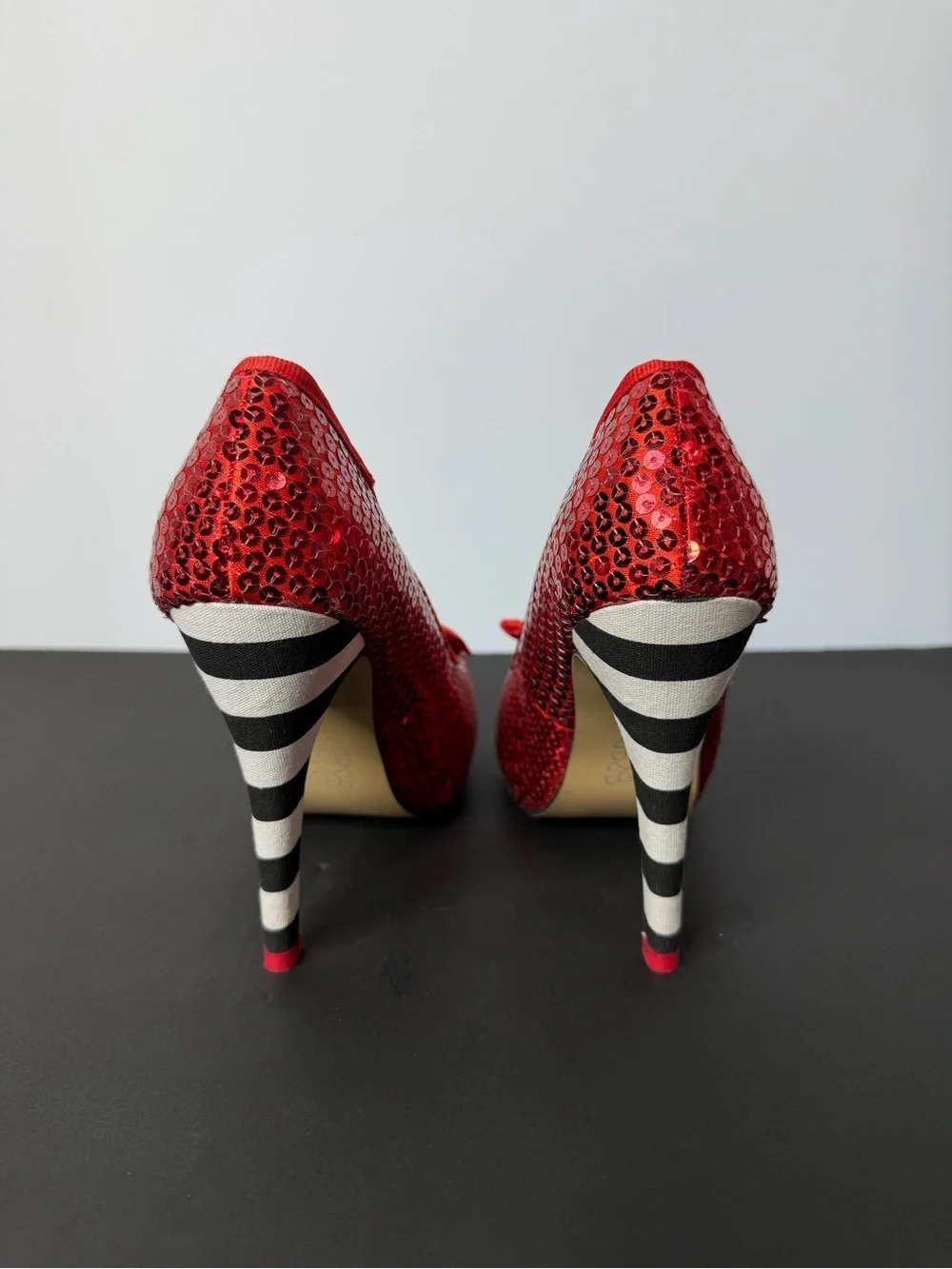 Iron Fist Red Sequin Peep-Toe Heels with Black-and-White Striped Heel